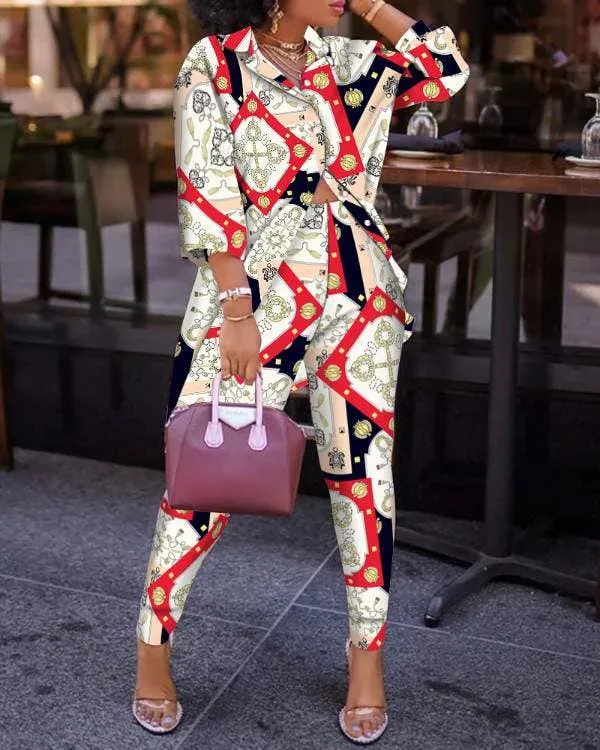 Print Lantern Sleeve Top High Waist Pants Set
