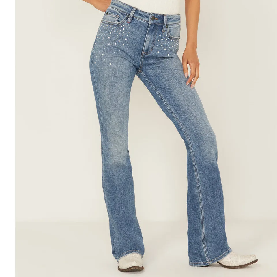 High Rise Bootcut Stretch Denim Rhinestone Jeans