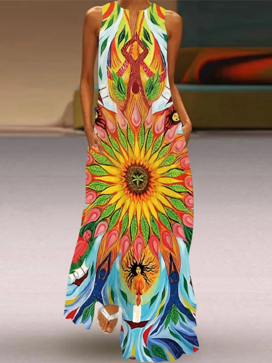 Ladies Vintage Printed V-neck Sleeveless Maxi Dress