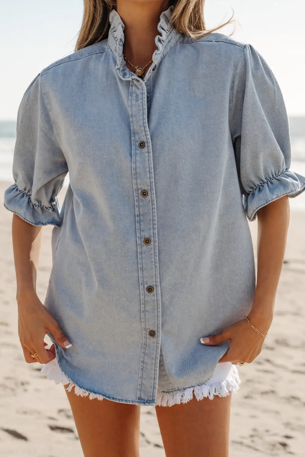 Blue Ruffle Short Puff Sleeve Summer Chambray Shirt