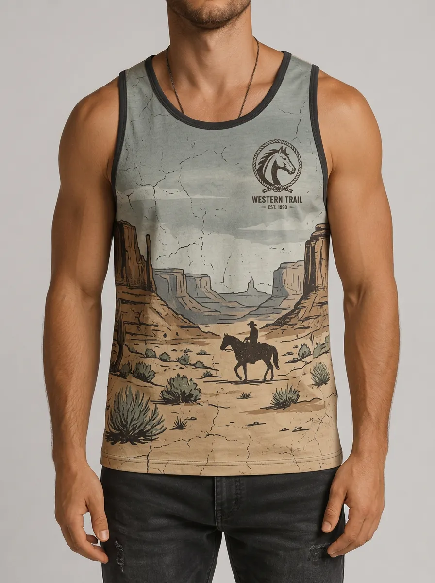 Men's Western Trail Cowboy Horse Desert Printed Tank Top