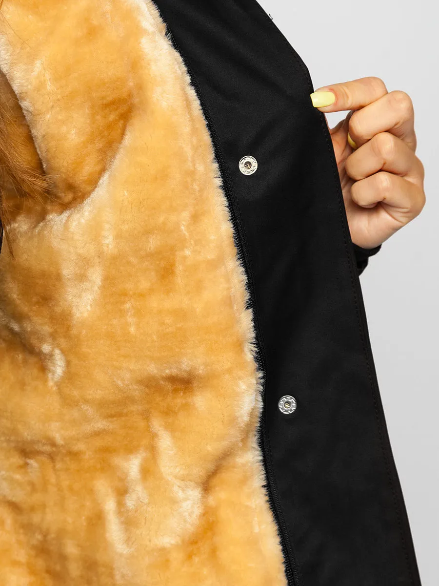 Black women's winter parka jacket with hood