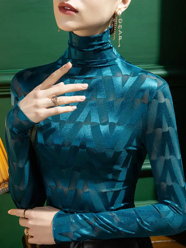 Refined Slim Fit Long Sleeve Embroidered Panel Detail Checkered High Neck T-Shirt