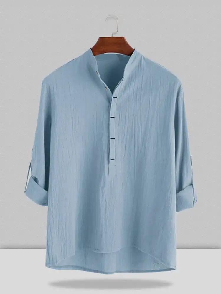 Stand Collar Cotton Linen Sleeve Shirt