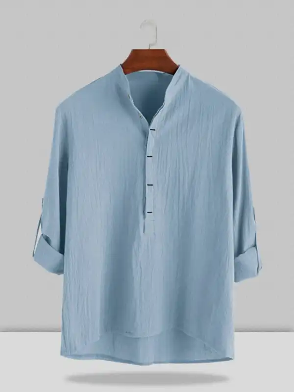 Stand Collar Cotton Linen Sleeve Shirt