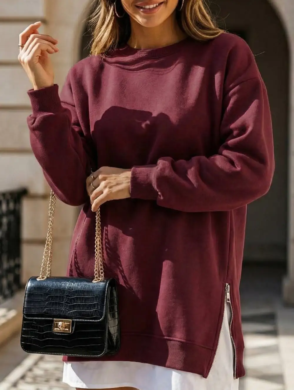 Side Zip Patchwork Pullover Sweatshirt