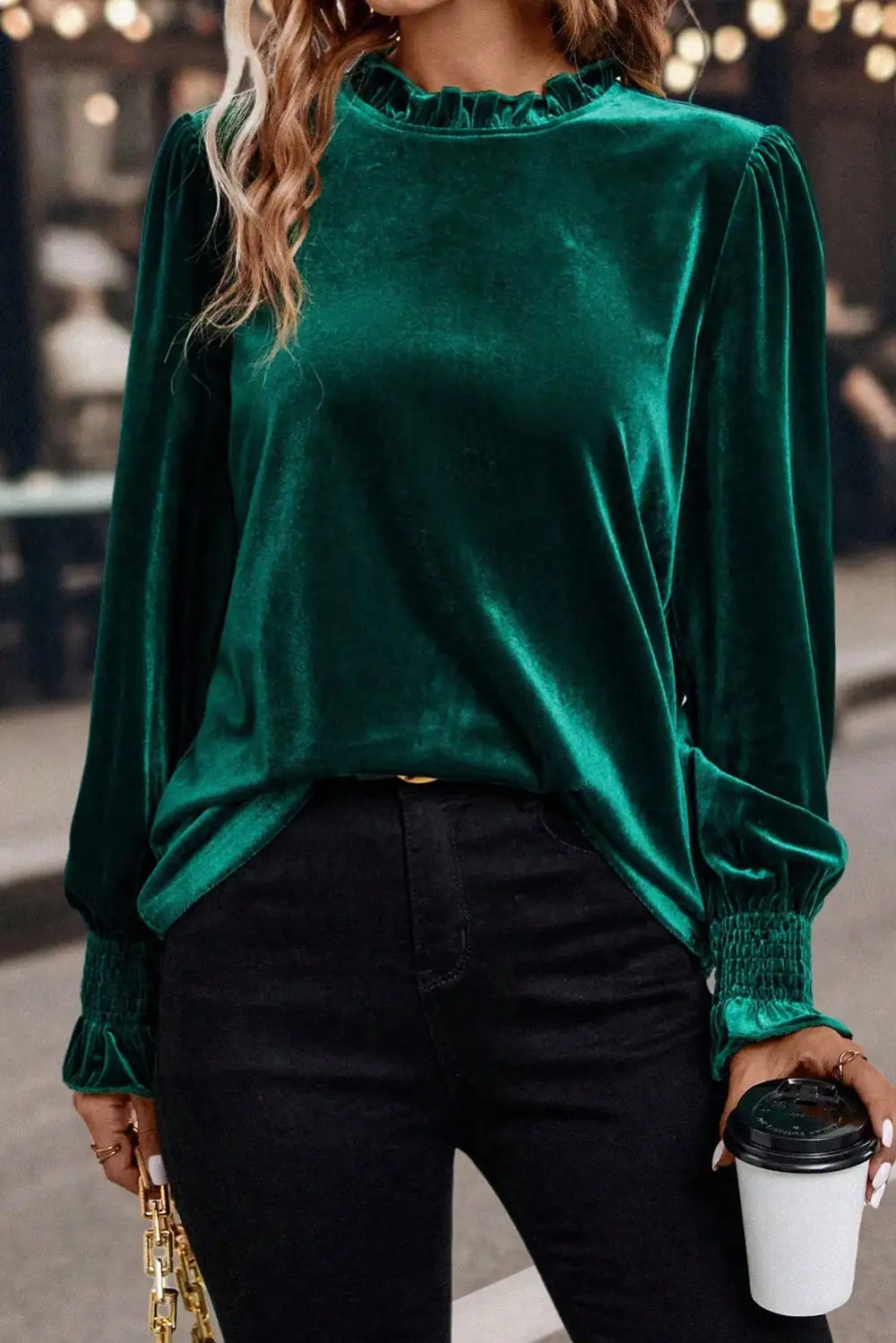Velvet Frilled Puff Sleeve Blouse