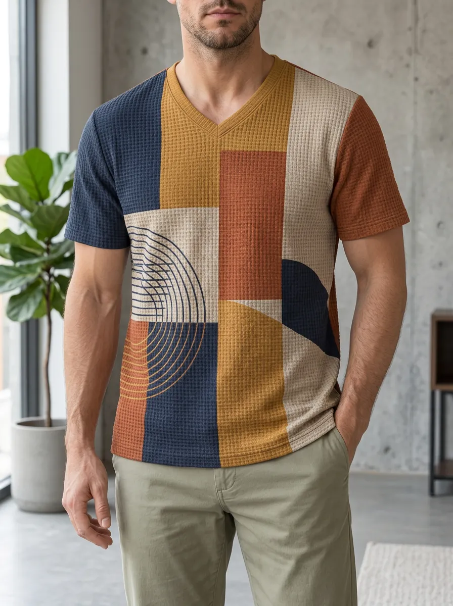 Men's Layered Geometric Abstract Pattern Waffle Knit V-Neck T-Shirt