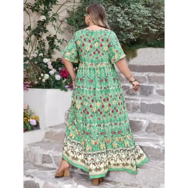 Plus Size Floral Tie Neck Flutter Sleeve Maxi Dress