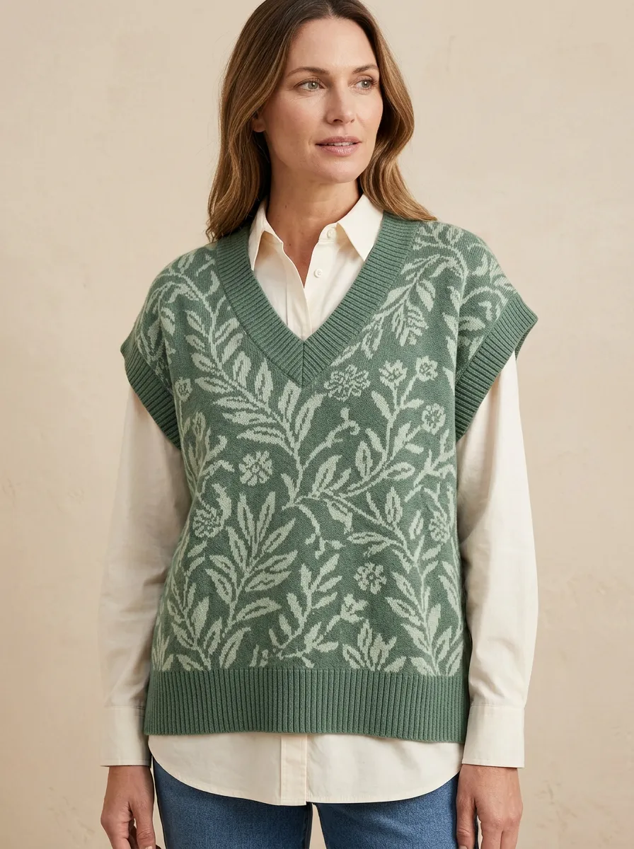 Botanical Nature Floral Leaf Sweater Vest