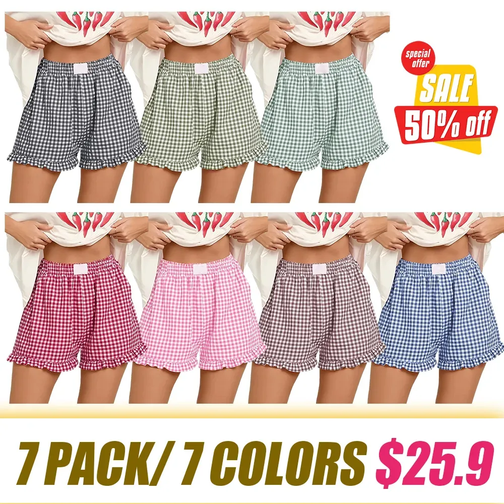 Women's Casual Lounge Sleep Plaid Ruffle Boxer Shorts Pajama Gingham Beach Bottoms Pockets