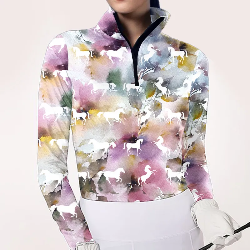 Spring, Summer, Autumn and Winter Women's Equestrian Style Maple Leaf Horse Print Long Sleeve Casual Shirt