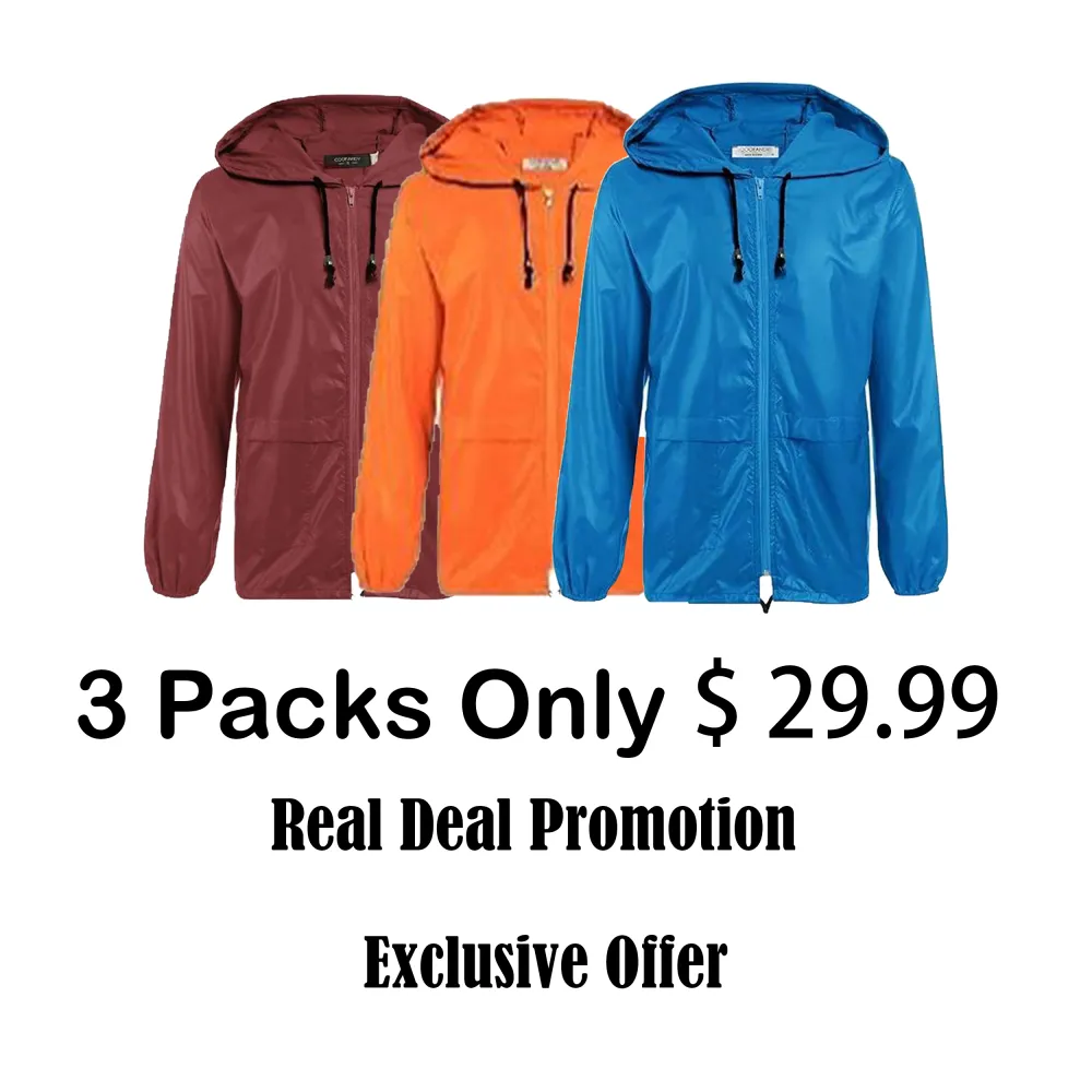 Men's Packable Jacket Outdoor Waterproof Hooded Lightweight Classic Cycling Raincoat for Hiking/Outdoor/Camping Fabric Menswear Zipper Breathable Relaxed Fit Long Sleeve Tops Athletic Outerwear Activewear Blazer