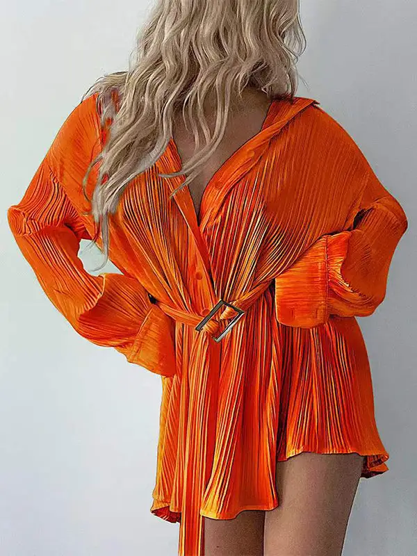 Long Sleeve Buttoned Pleated Solid Color Tied Waist Lapel Mini Dress