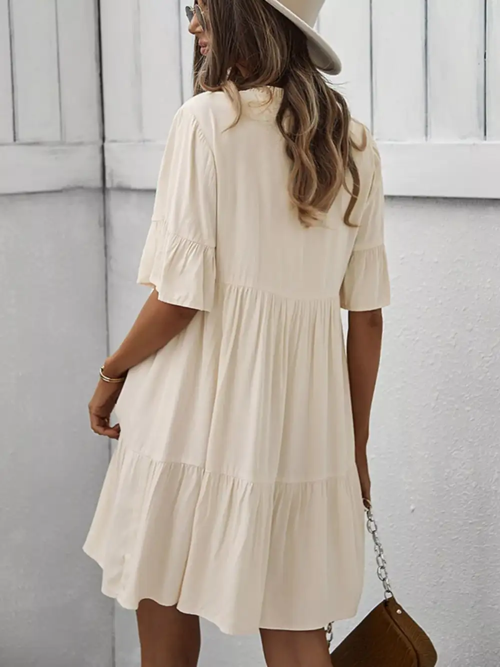 Boho Ruffle Sleeve Button Down Tiered Mini Dress