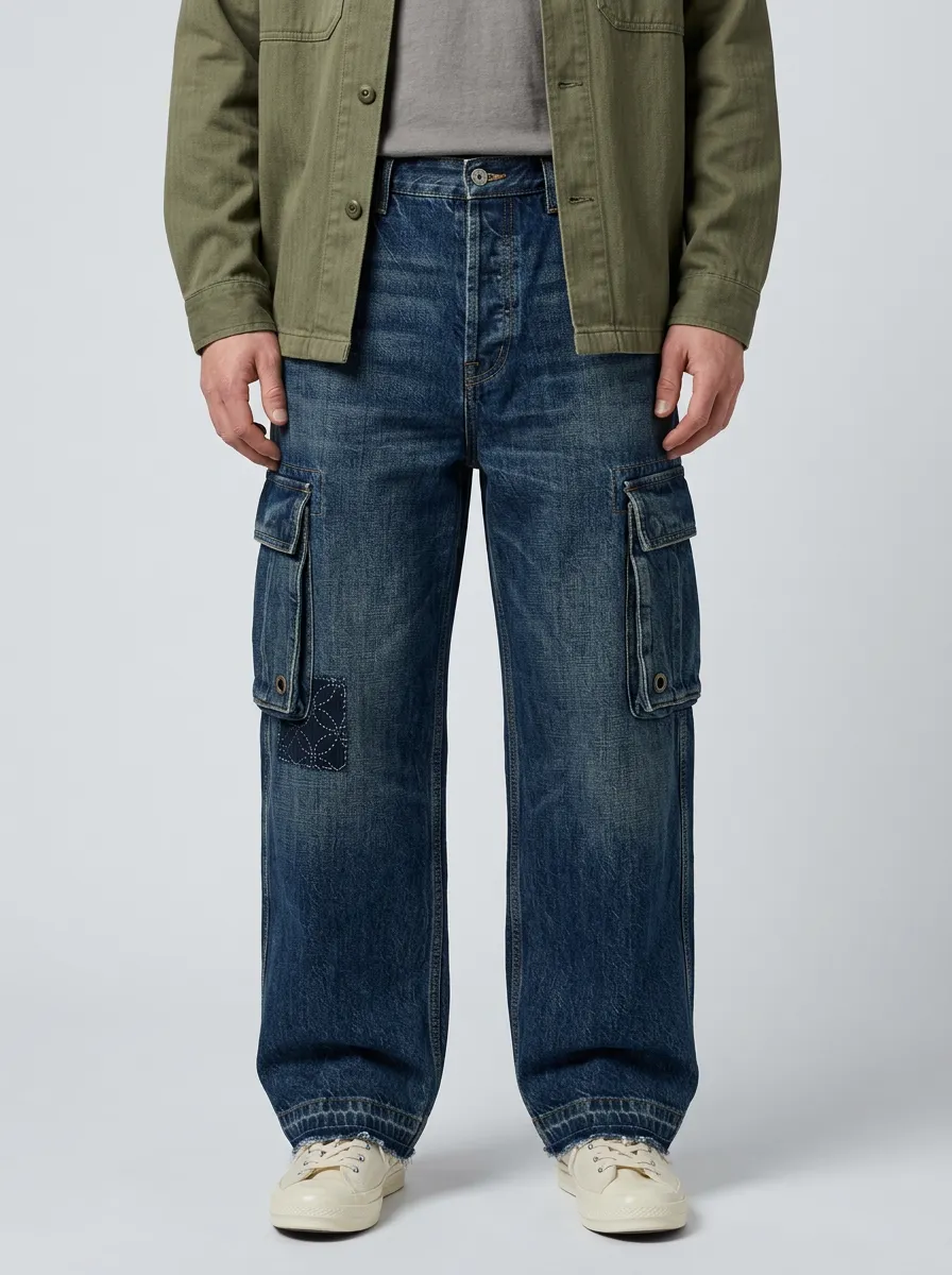 Men's Loose Fit Jeans with Wide Leg Patchwork Vintage-Inspired