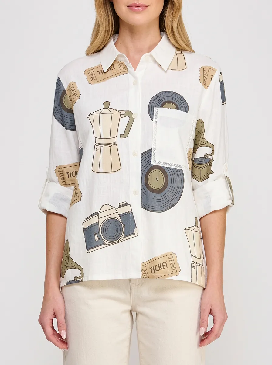 Women's Vintage Hobby Camera Vinyl Coffee Printed Button-up Shirt
