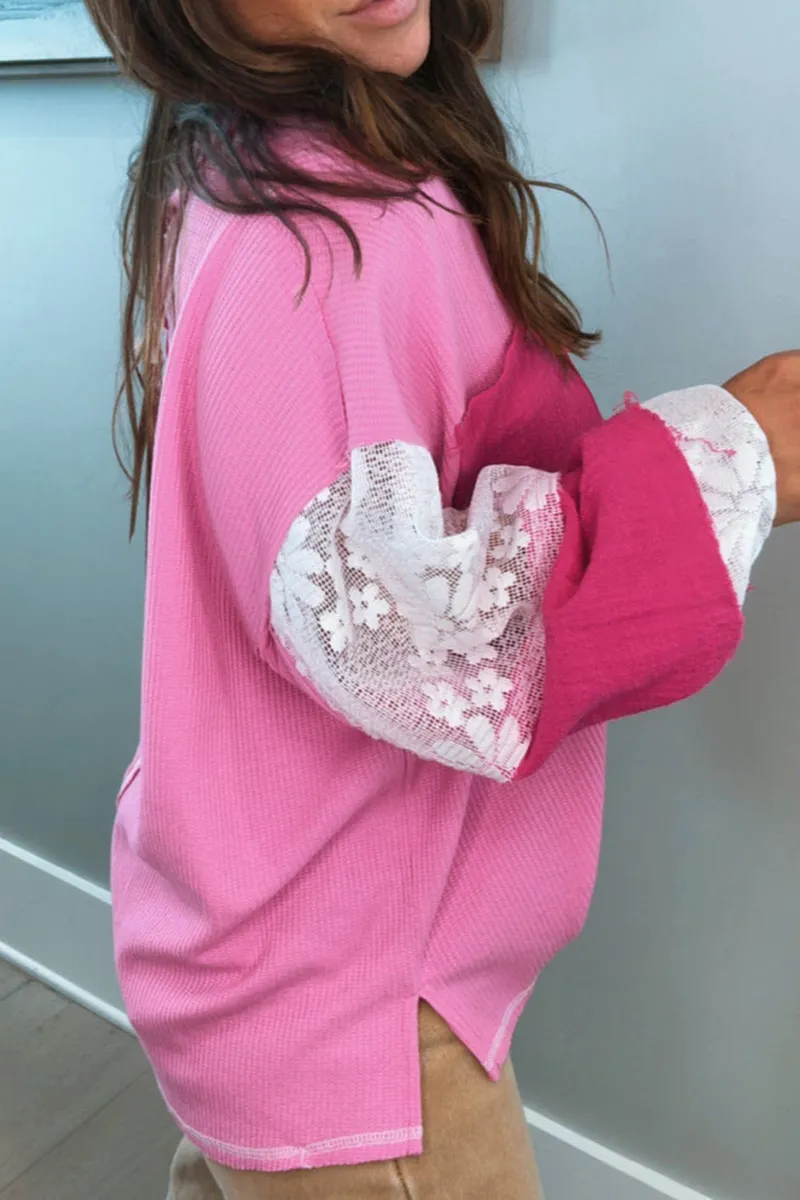 Classic Lace Floral Patchwork Sleeve Stitching V Neck Rib Knit Blouse