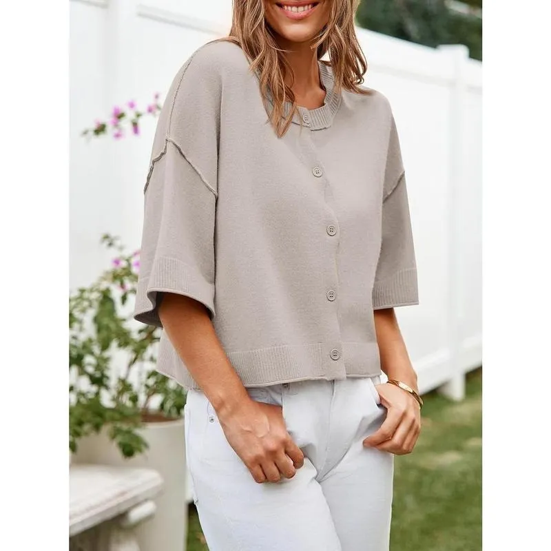 Womens Half Sleeve Cardigan Sweaters Cropped Button Down Tops Oversized Lightweight Ribbed Knit Summer Outfits