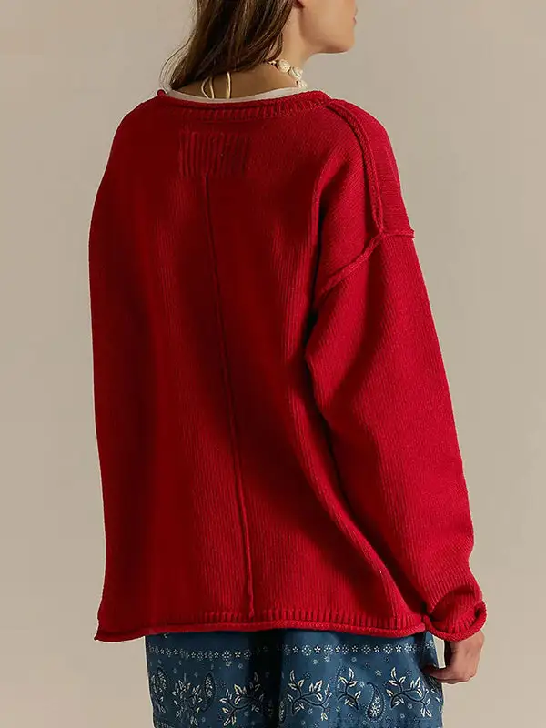 Paneled Round Neck Long Sleeve Relaxed Fit Easy Fit Sweater