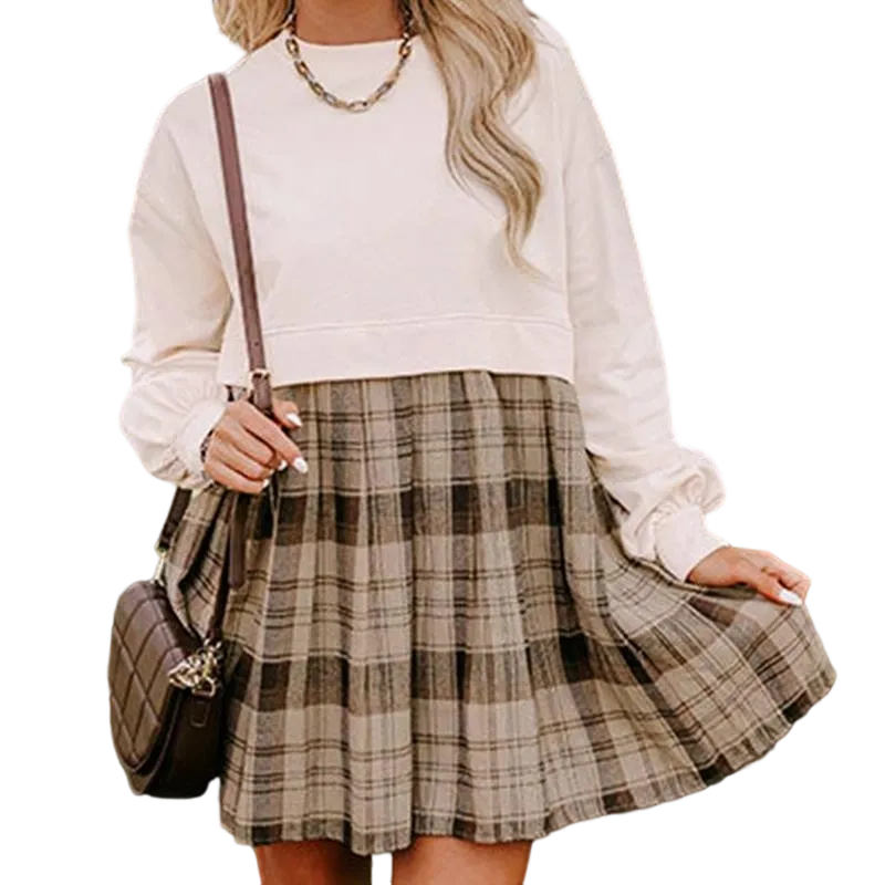 Beige Plaid Patchwork High Waist Sweatshirt Mini Dress