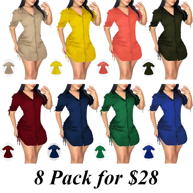 8PACK-Women'S Sexy V Neck Shirtwaist Mini Dress
