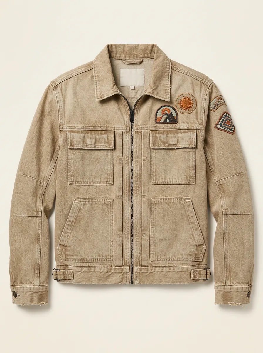 Men's Outdoor Adventure Mountain Sun Patched Printed Jacket