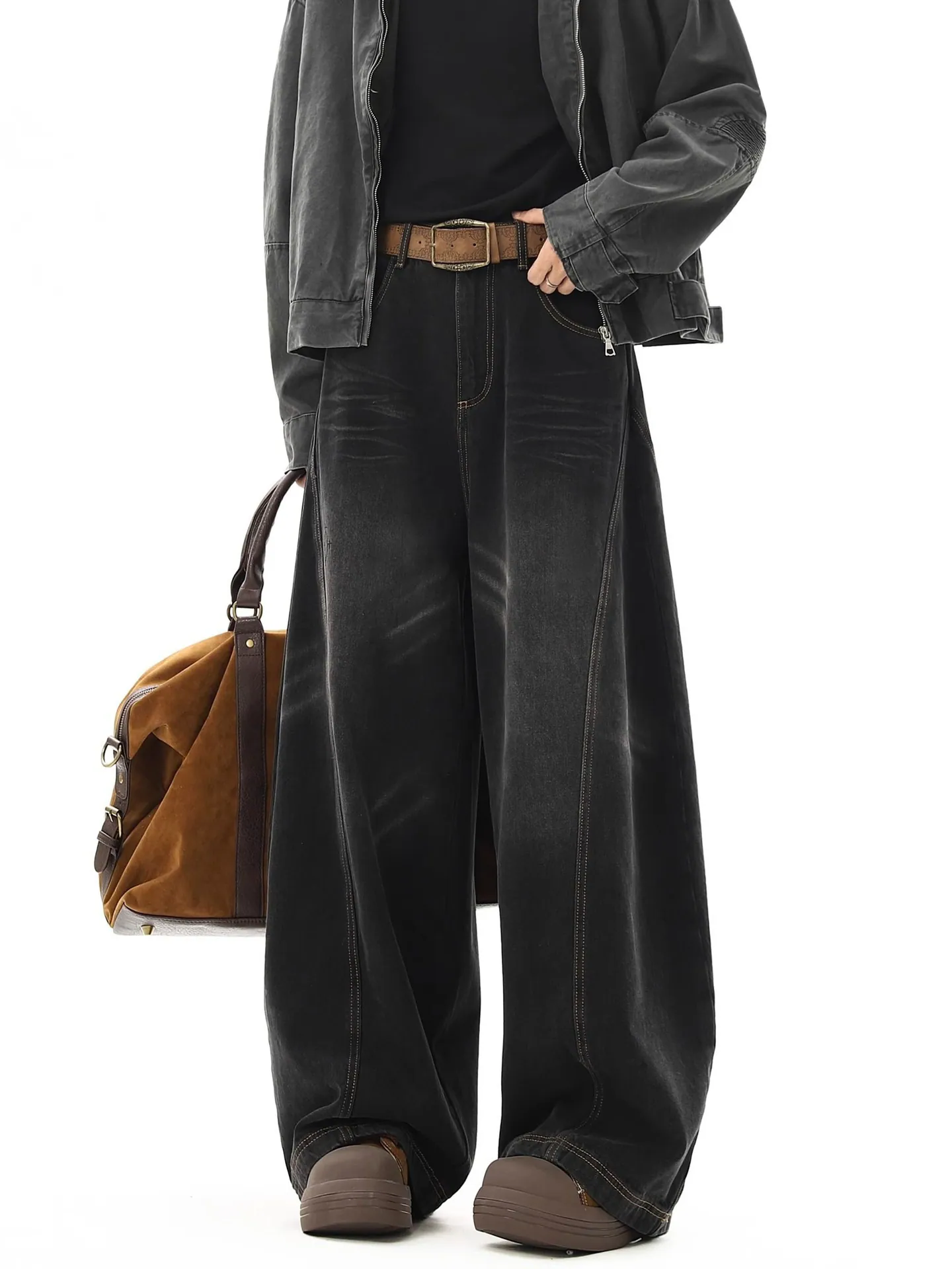 Vintage Whisker Wash Curved-Leg Denim Pants