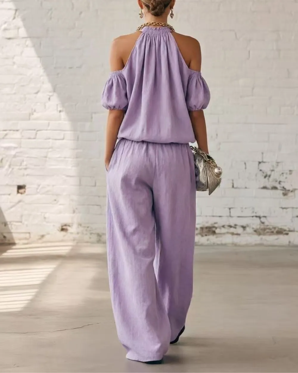 Folds and Halter Closure Casual Wide Leg Pants Set