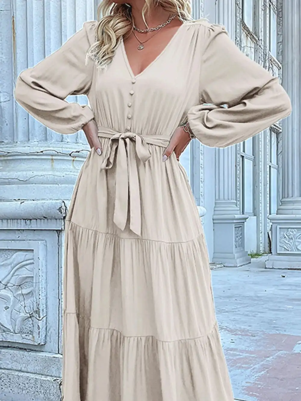 Smooth Finish V Neck Ruffle Dress