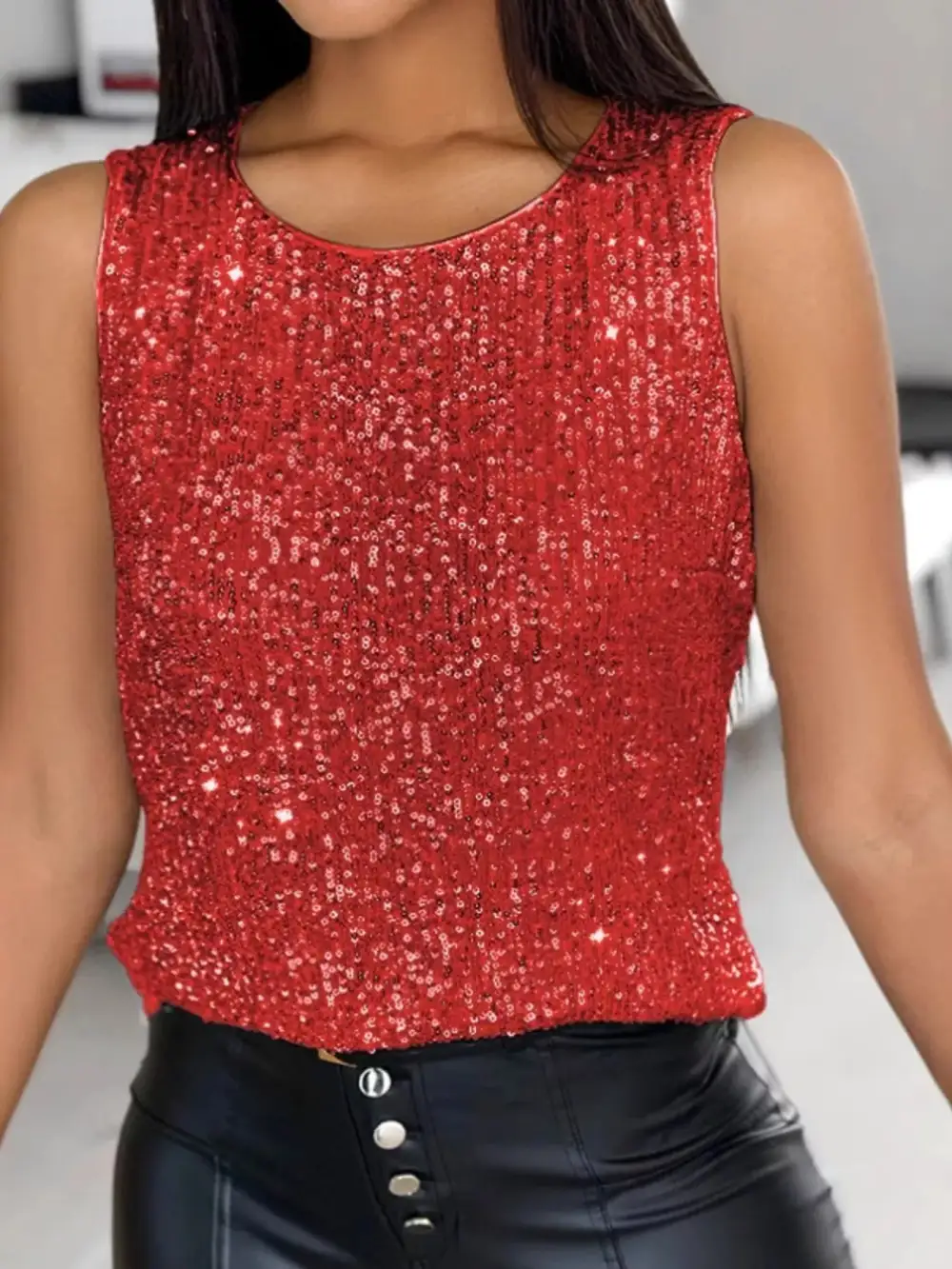 Refined Round-Neck Sequined Tank Top
