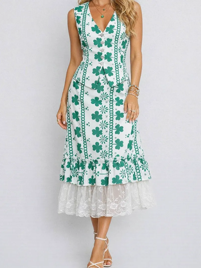 St Patrick Day Clover Ruffle Lace Hem Maxi Skirt