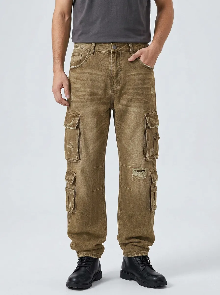 Men's Mid-Blue Compass Detail Multi-Pocket Relaxed Denim Cargo Pants