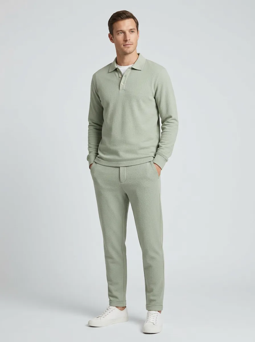 Men's Classic Waffle Textured Polo Collar Jacket and Jogger Pants Set