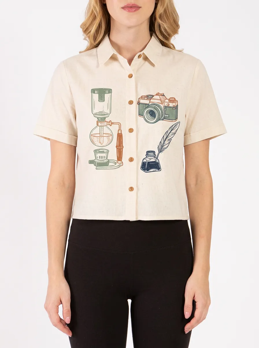 Women's Hobby Lover Coffee Camera Quill Printed Button-up Shirt