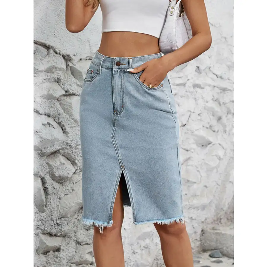 Raw Hem Slit Denim Skirt