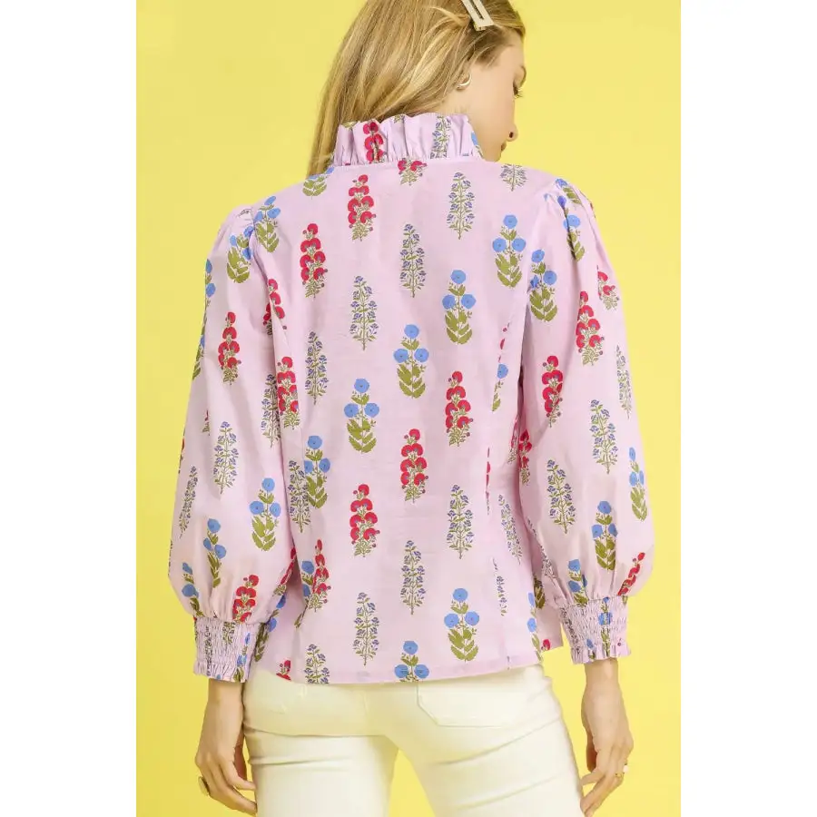 Print Lantern Sleeve Button Down Shirt