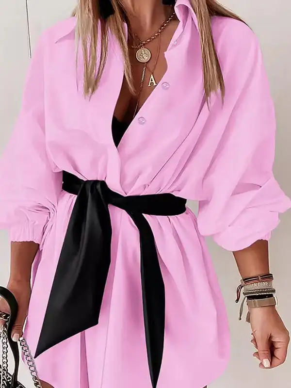 Long Sleeve Relaxed Buttoned Elasticity Tied Waist Lapel Mini Dress Shirt