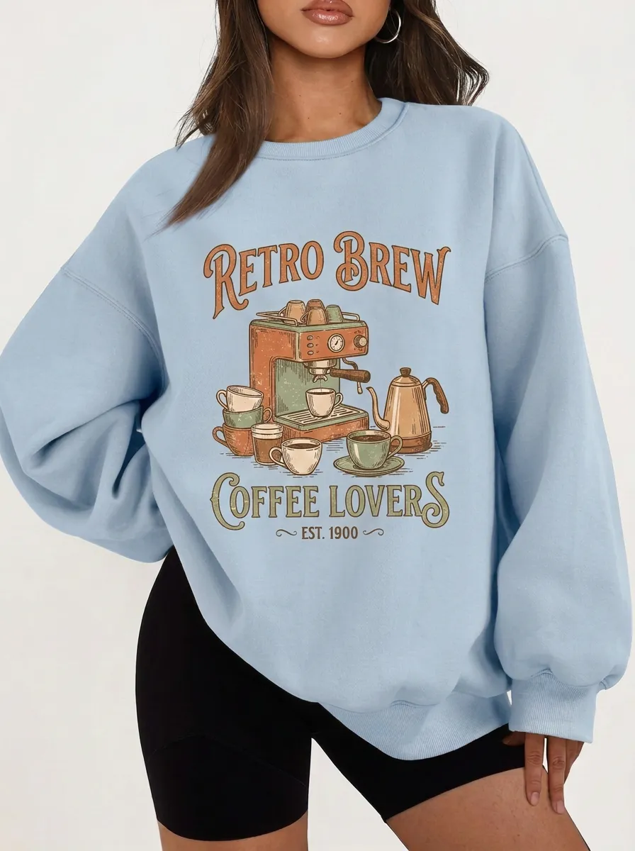 Women's Coffee Lover Retro Brew Espresso Machine Printed Sweatshirt