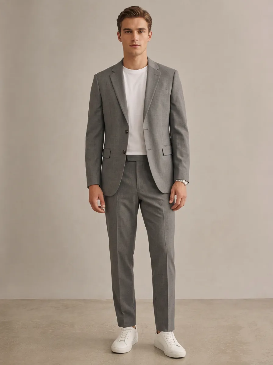 Men's Two Button Business Casual Grey Solid Color Tailored Suit Set
