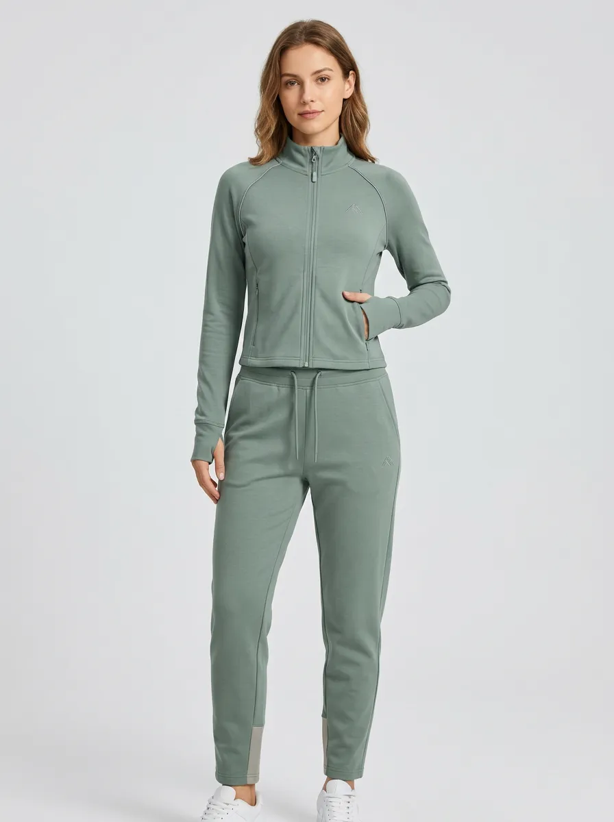 Women's Sage Green Embroidered Zip-Up Jacket & Jogger Set
