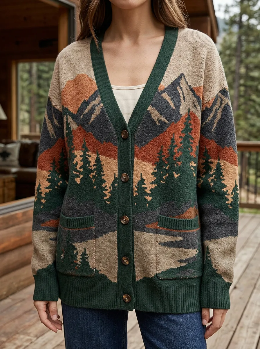 Women's Nature Lover Mountain Forest Landscape Printed Ribbed Trim Easygoing Layering Cardigan