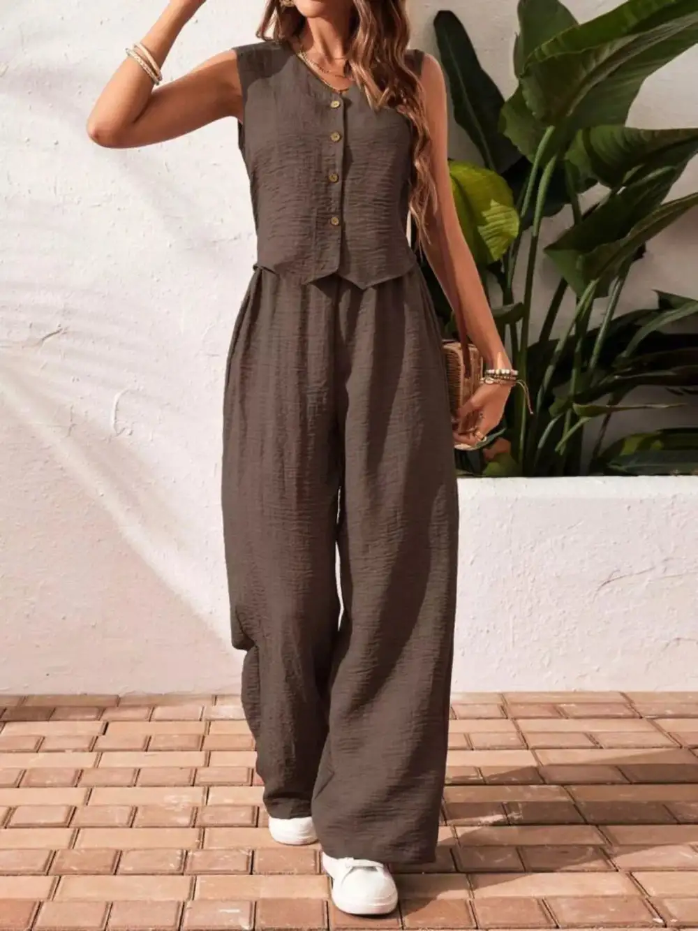 Button Down Vest & Wide Leg Pants Set