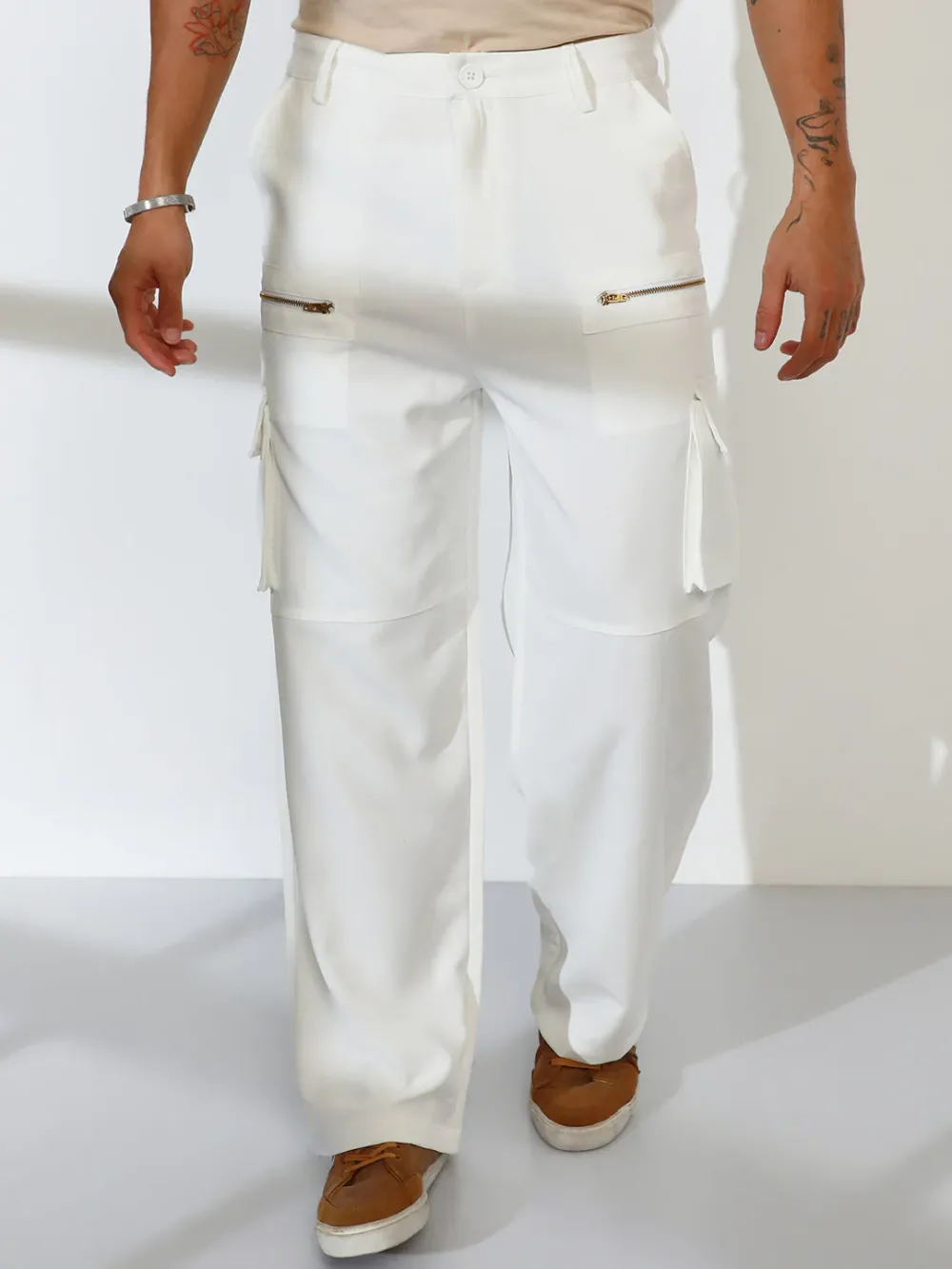 White Mid-Rise Straight-Fit Utility Trousers