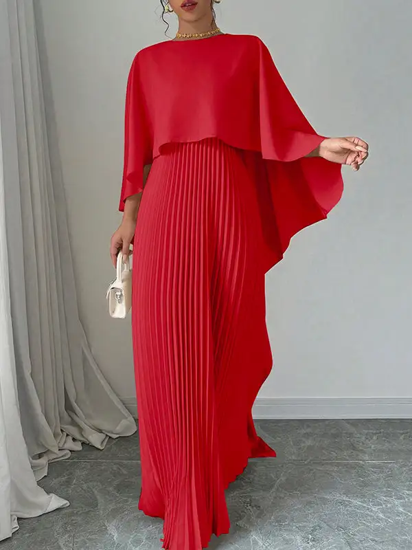 Versatile High Low Pleated Cape Maxi Dress