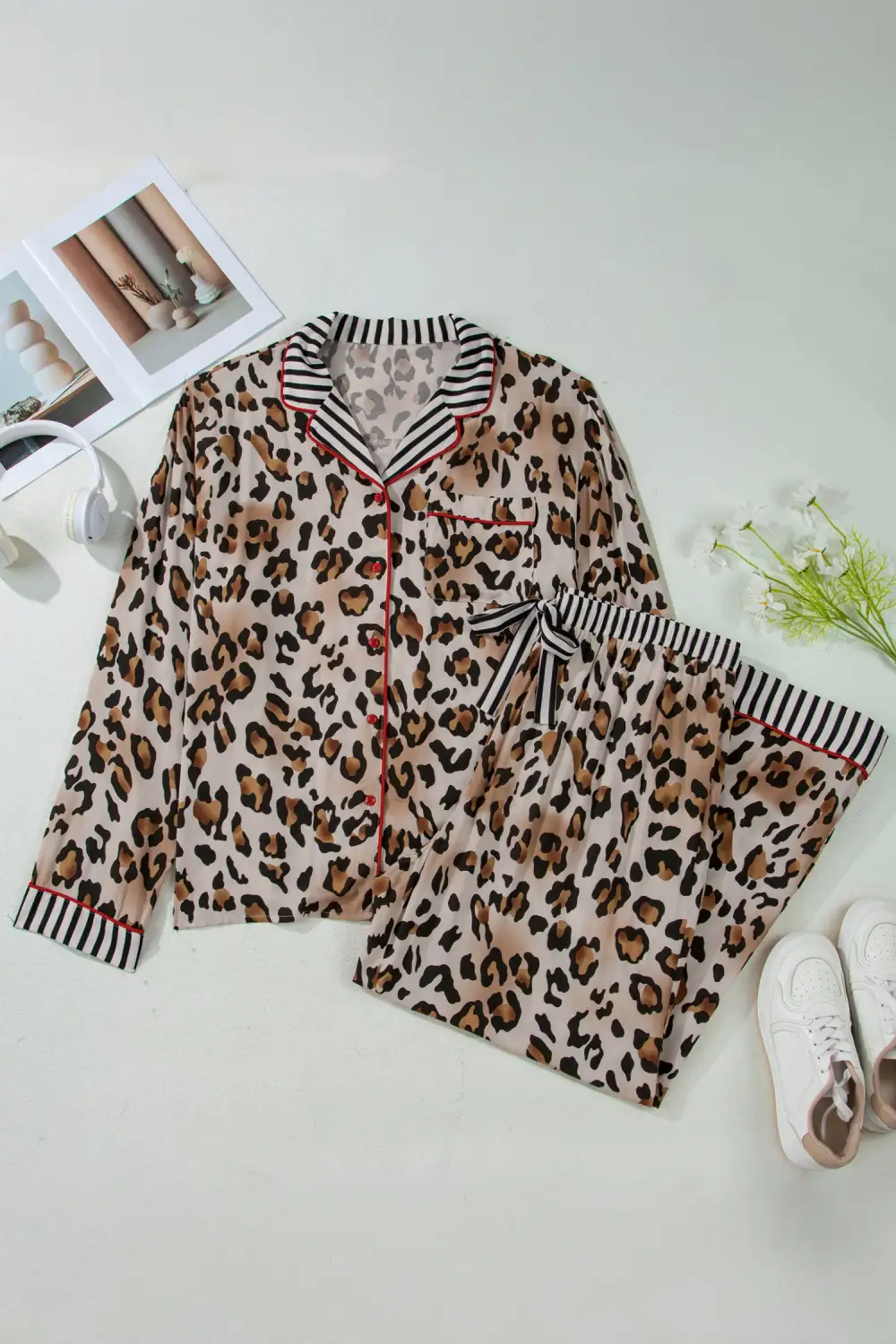 Cozy Leopard Print Striped Trim Long Pajama Set