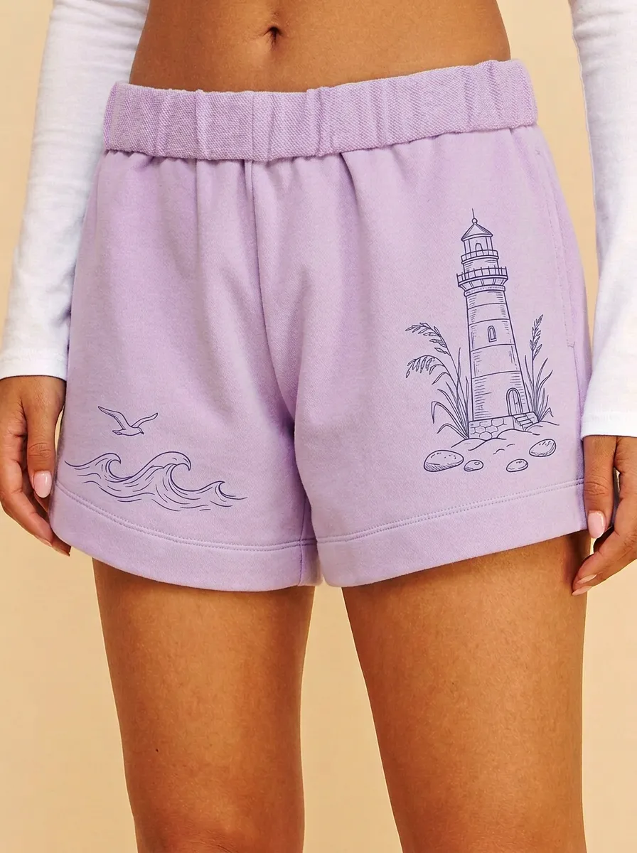 Women's Coastal Nautical Lighthouse Ocean Wave Printed Shorts