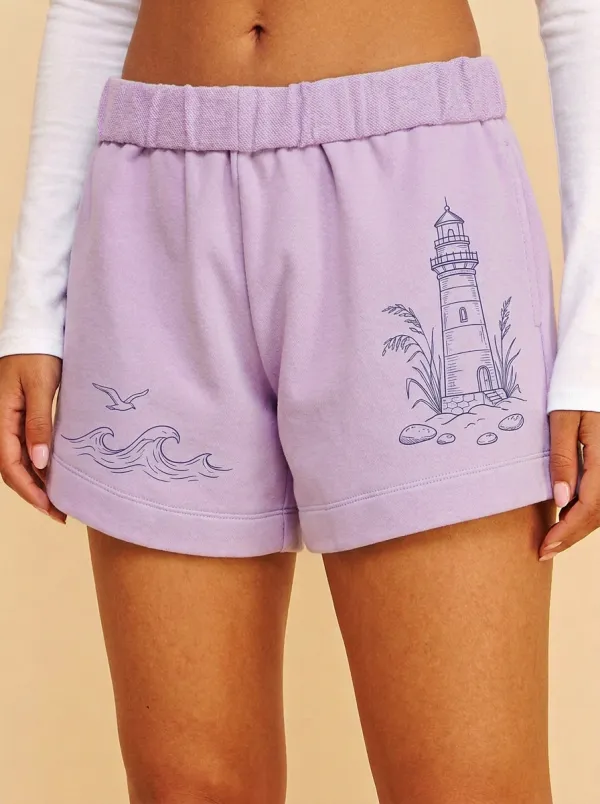Women's Coastal Nautical Lighthouse Ocean Wave Printed Shorts