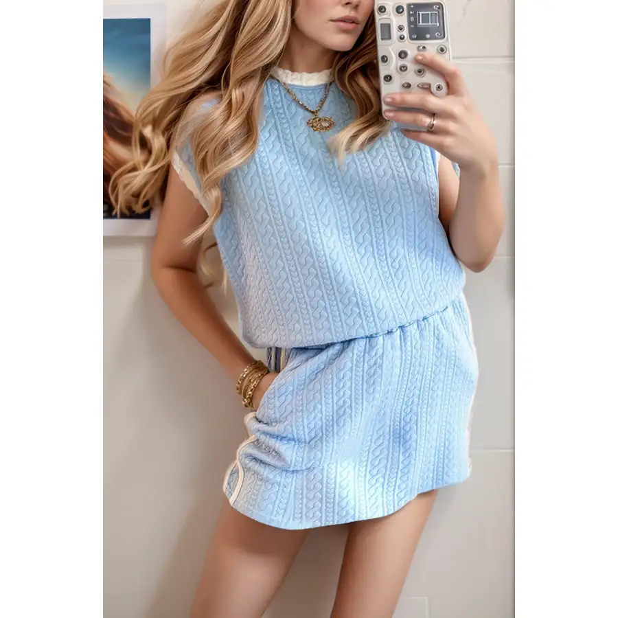 Contrast Trim Textured Crewneck Tee and Pocketed Skirt Set