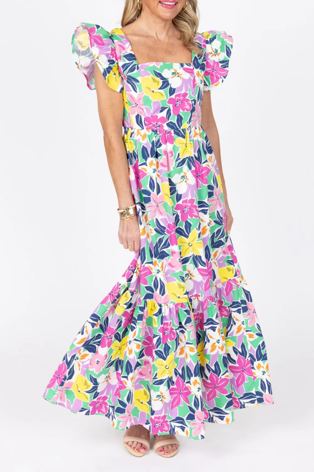 Multicolored Floral Puff Sleeve Flared Maxi Dress